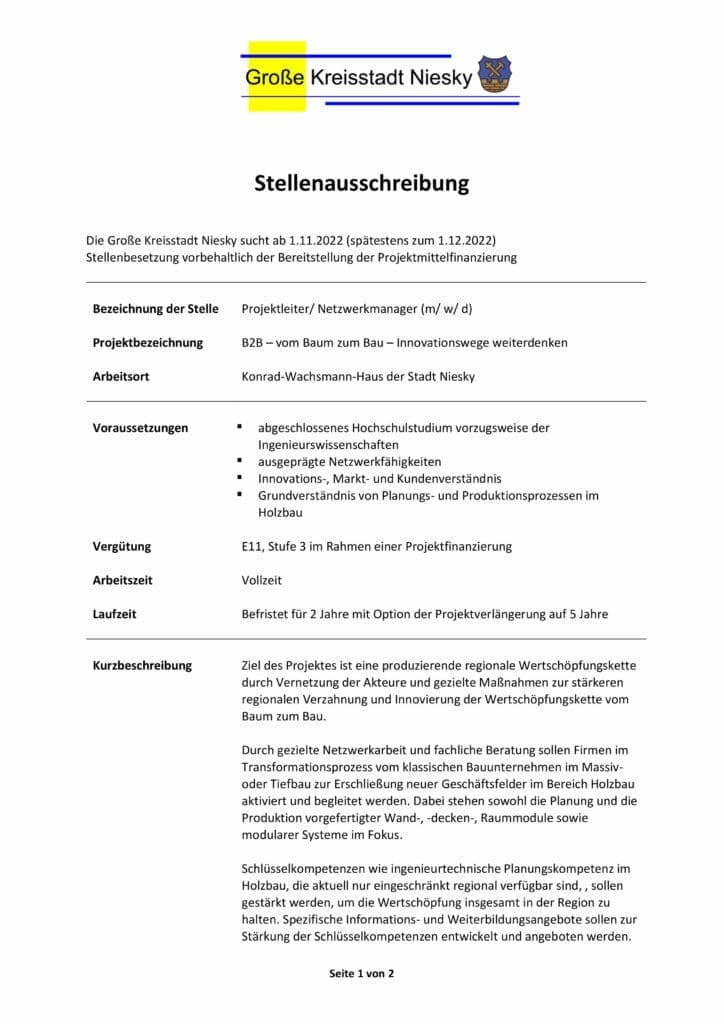 Holzbau Kompetenz Sachsen GmbH &ndash; 220919 Stellenausschreibung PL Holzbau Niesky 1 1